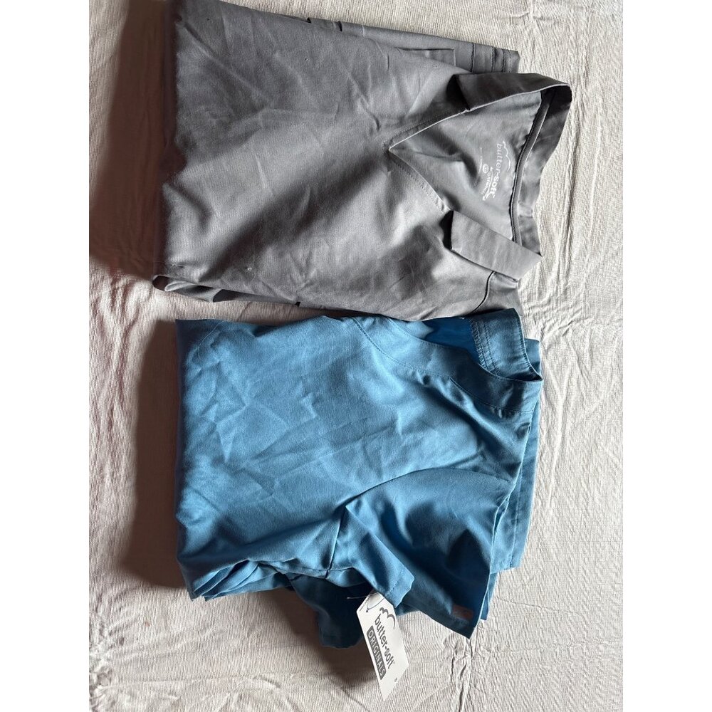 Butter-Soft Lot of 2 Tops Size XS Stretch V-Neck Scrub Blue & Silver Medical